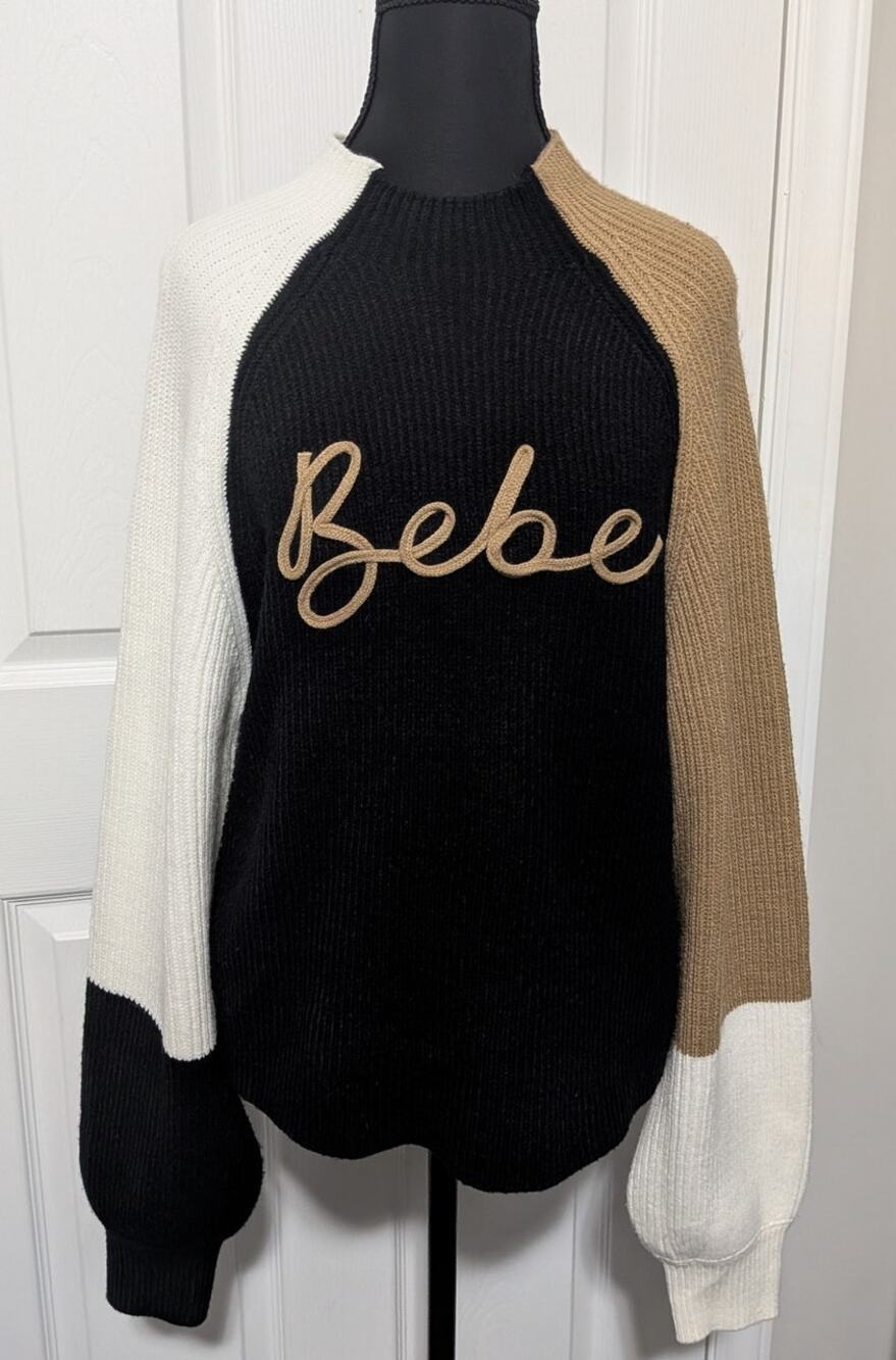 bebe Colorblock Mock Neck Pullover Sweater Black Tan Cream Neutral Logo sz Large
